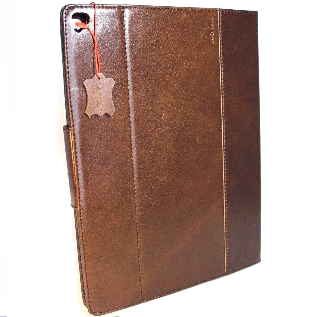 Brown genuine leather iPad Pro 12.9 (2017) case with stand, magnetic closure, slim design, and card slots by DAVISCASE.