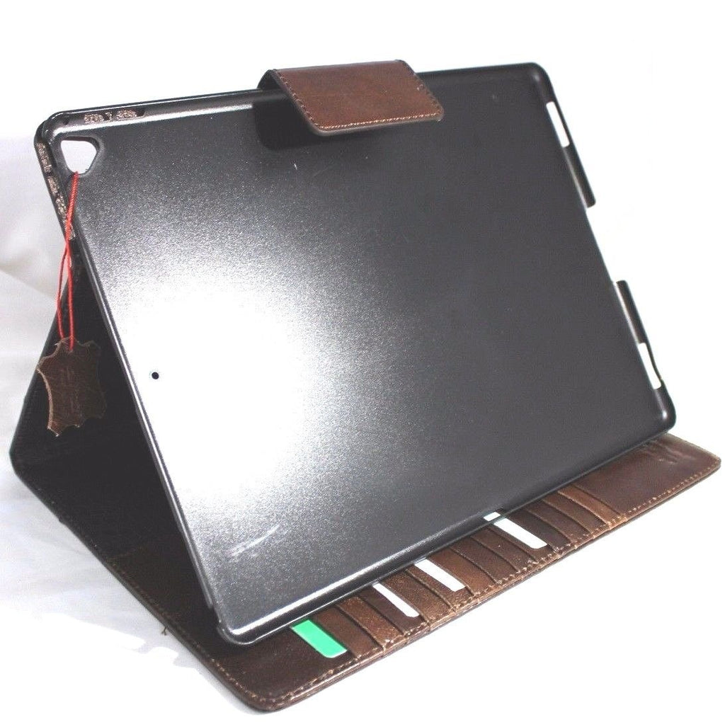 Brown genuine leather iPad Pro 12.9 (2017) case with cover stand, magnetic closure, slim design, and card slots by DAVISCASE.