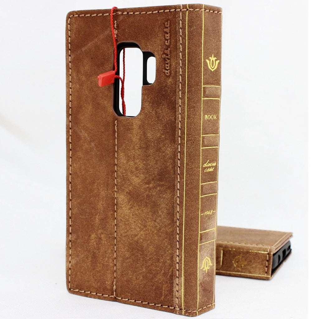 Handmade vintage leather Samsung Galaxy S9 Plus case with wallet design, card slots, strap, and compatibility with wireless charging by DAVISCASE