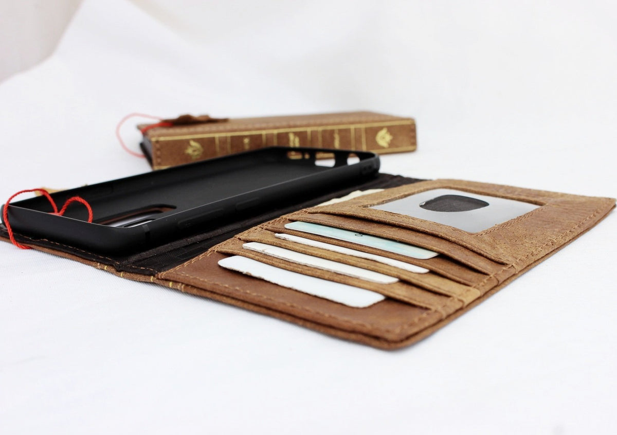 Vintage leather Samsung Galaxy S9 Plus case with wallet design, card slots, strap, and Bible-inspired pattern by DAVISCASE.