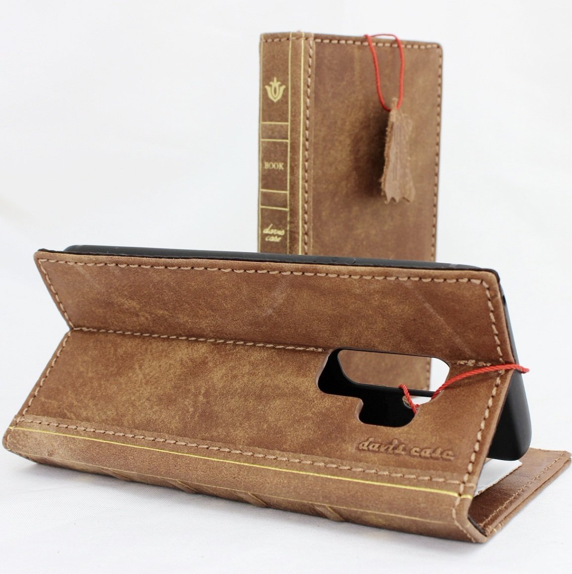 Vintage leather phone case for Samsung Galaxy S9 Plus with wallet design, card slots, strap, and wireless charging compatibility by DAVISCASE.