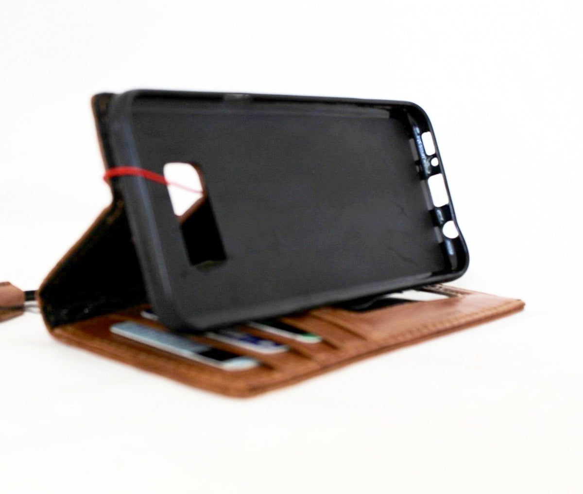 Handmade light brown genuine Italian leather Galaxy S8 wallet case with card slots and slim design, crafted for business use.
