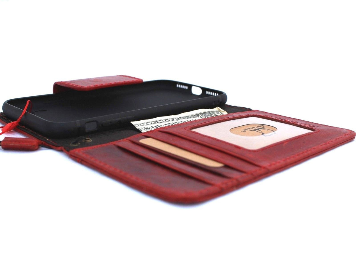 Red genuine leather iPhone XS case with wallet design, card slots, magnet closure, slim soft holder, vintage style.