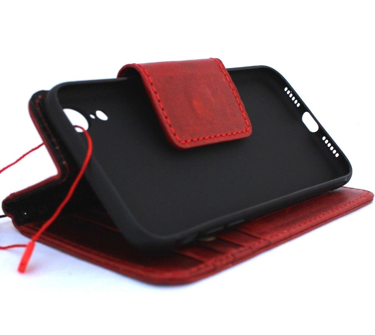 Red genuine leather iPhone XS wallet case with magnet closure, card slots, slim design, vintage style, handmade by Daviscase.