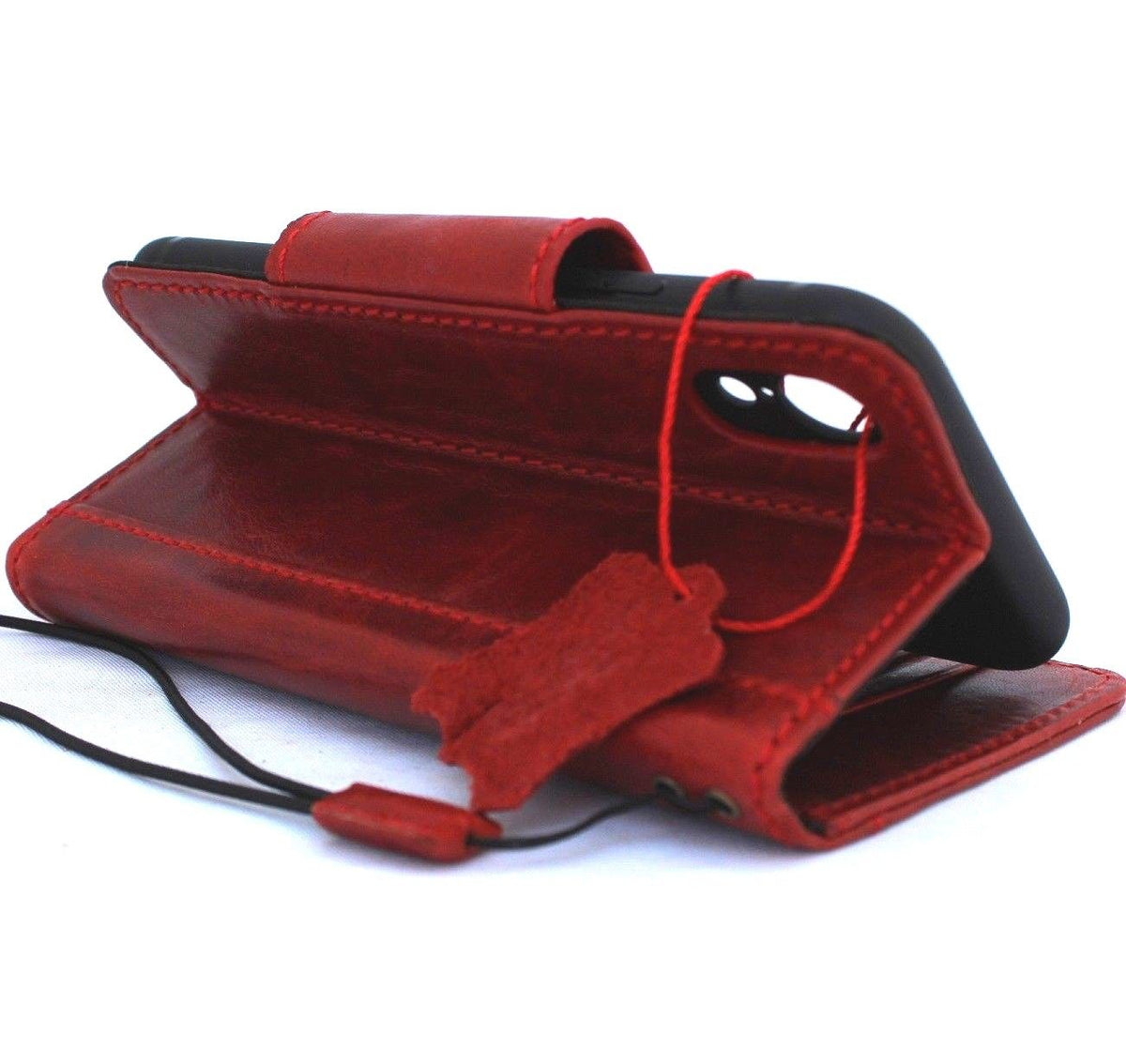 Vintage red leather iPhone XS case with wallet-style design, card slots, magnet closure, slim soft holder by Daviscase.