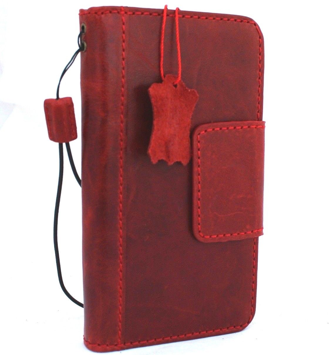 Red genuine leather iPhone XS wallet case with card slots, magnet closure, slim design, vintage style, soft handmade holder.