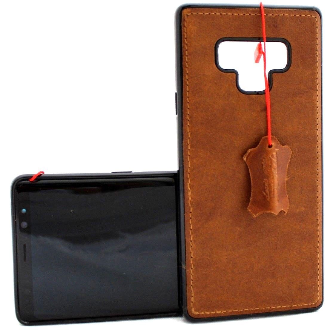 Genuine leather Samsung Galaxy Note 9 book cover with soft magnetic closure, vintage style, slim design, and rubber car holder attachment.
