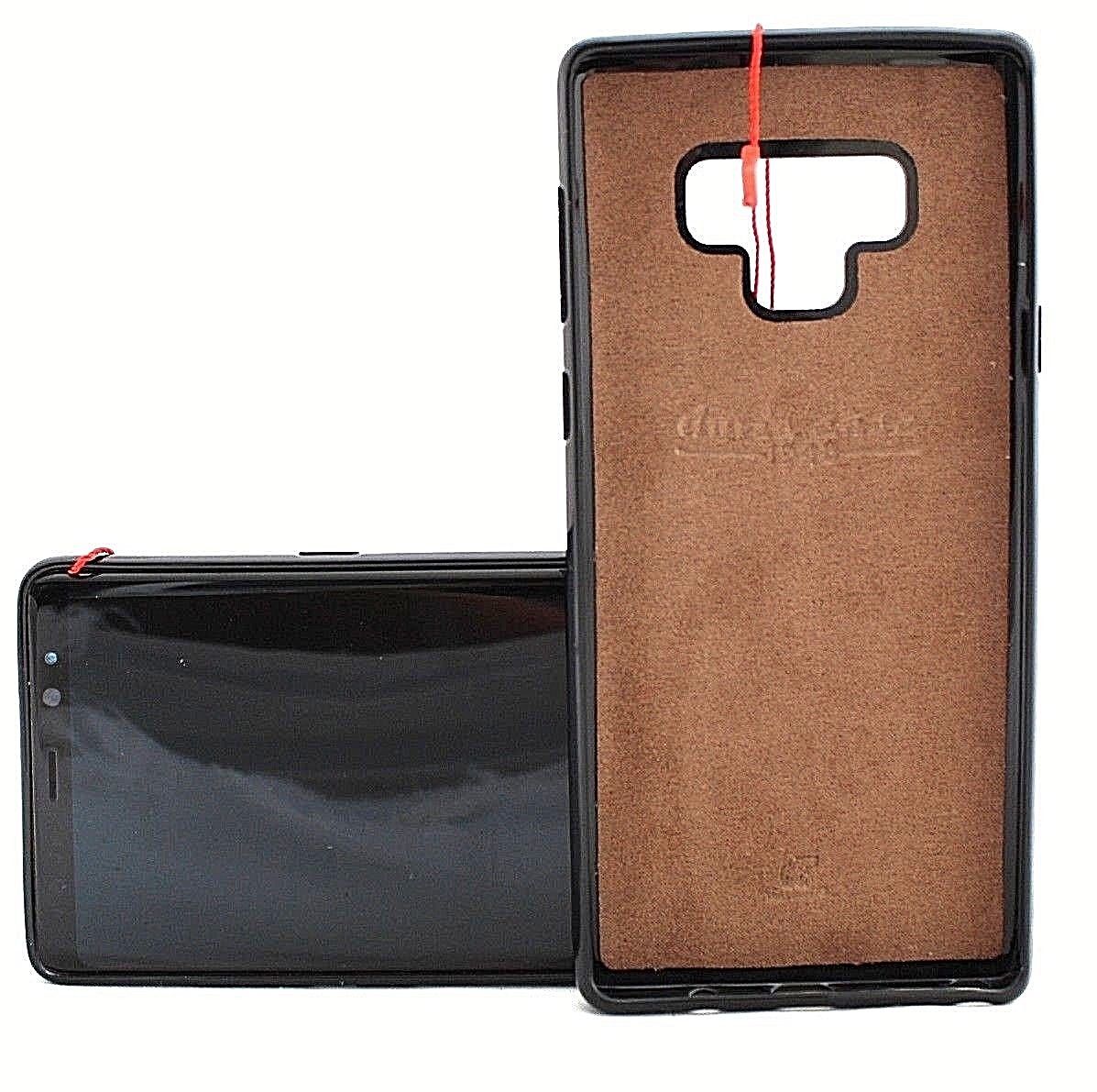 Genuine leather Samsung Galaxy Note 9 book cover case with vintage design, soft magnetic closure, and slim rubber car holder attachment.