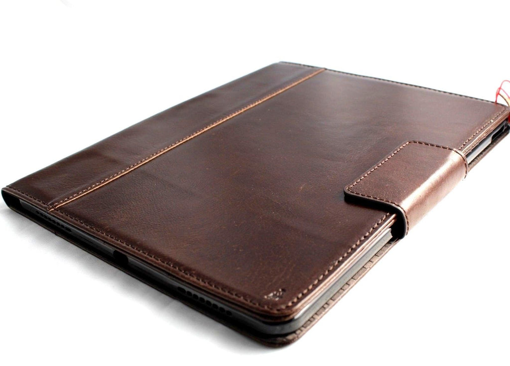 Brown genuine leather iPad Pro 12.9 2017 case with magnetic stand closure and card slots, designed for DAVISCASE.