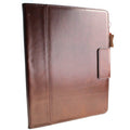 Brown genuine leather iPad Pro 12.9 case with stand, magnetic closure, card slots, and slim design by DAVISCASE.