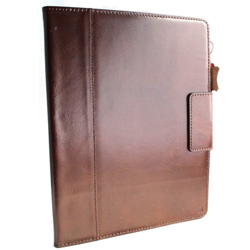 Brown genuine leather iPad Pro 12.9 case with stand, magnetic closure, card slots, and slim design by DAVISCASE.