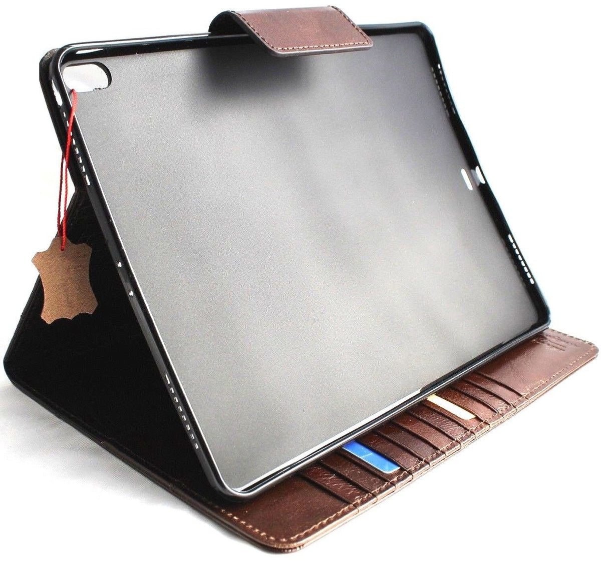 Brown genuine leather case for Apple iPad Pro 12.9 2017 with stand, magnetic closure, card slots, and slim design by DAVISCASE.
