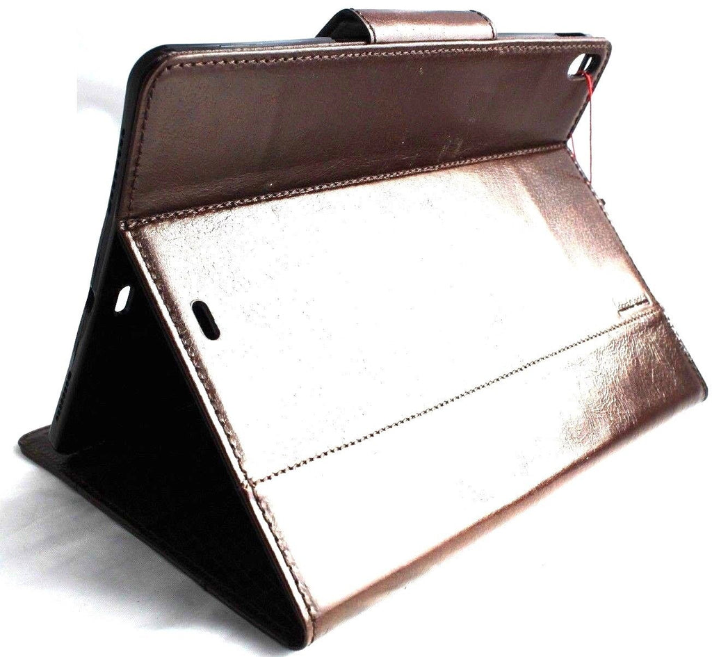 Brown genuine leather iPad Pro 12.9 case by DAVISCASE with stand, magnetic closure, slim design, and card slots.