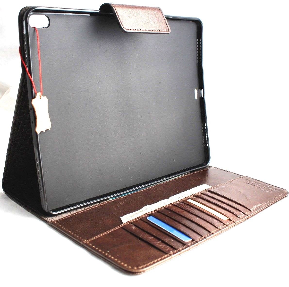Brown genuine leather iPad Pro 12.9 case by DAVISCASE with stand, magnetic closure, slim design, and card slots.