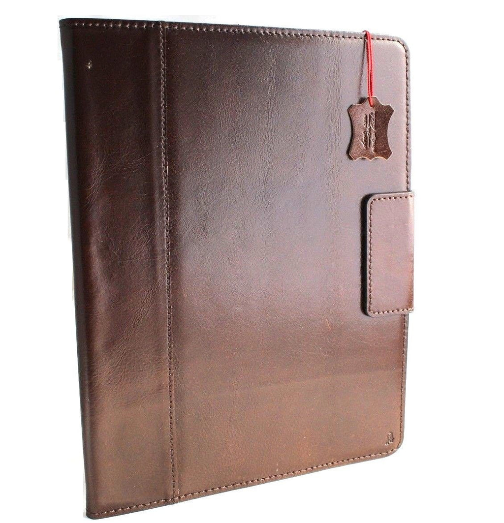Brown genuine leather iPad Pro 12.9 case by DAVISCASE with stand, card slots, magnetic closure, and slim design.