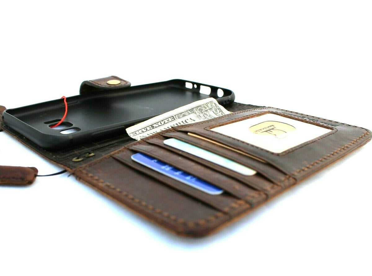 Handmade genuine leather wallet case for Samsung Galaxy S8 Plus with wireless charging compatibility, featuring a Jafo 48 design.
