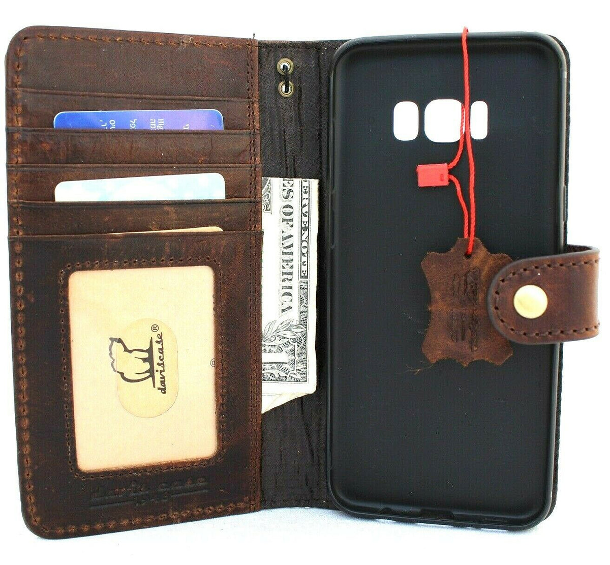 Handmade genuine leather hard case for Samsung Galaxy S8 Plus with book wallet design, wireless charging compatible, Jafo 48 style.
