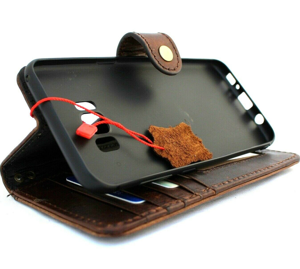Handmade genuine leather phone case for Samsung Galaxy S8 Plus with wallet design and wireless charging compatibility.