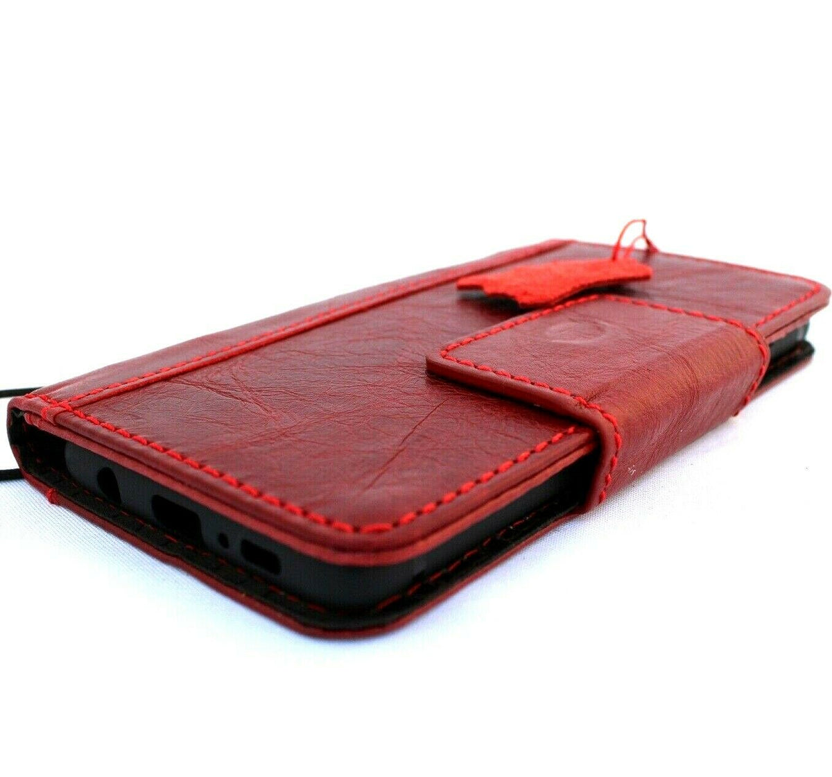 Red genuine leather Samsung Galaxy S10 book wallet cover with card slots, wireless charging holder, magnetic closure by DAVISCASE.