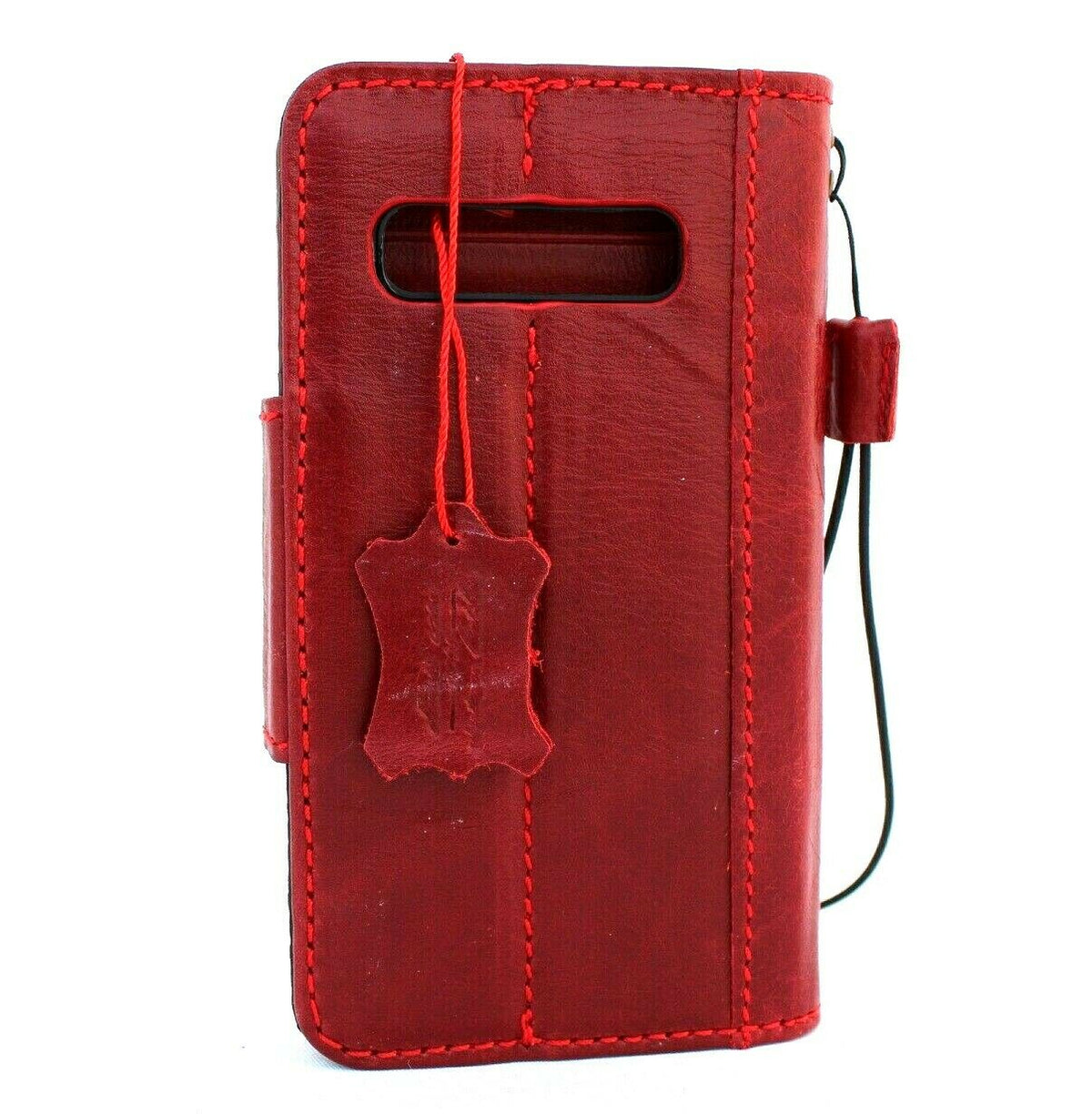 Red genuine leather Samsung Galaxy S10 wallet case by DAVISCASE with card slots, wireless charging holder, and magnetic closure.