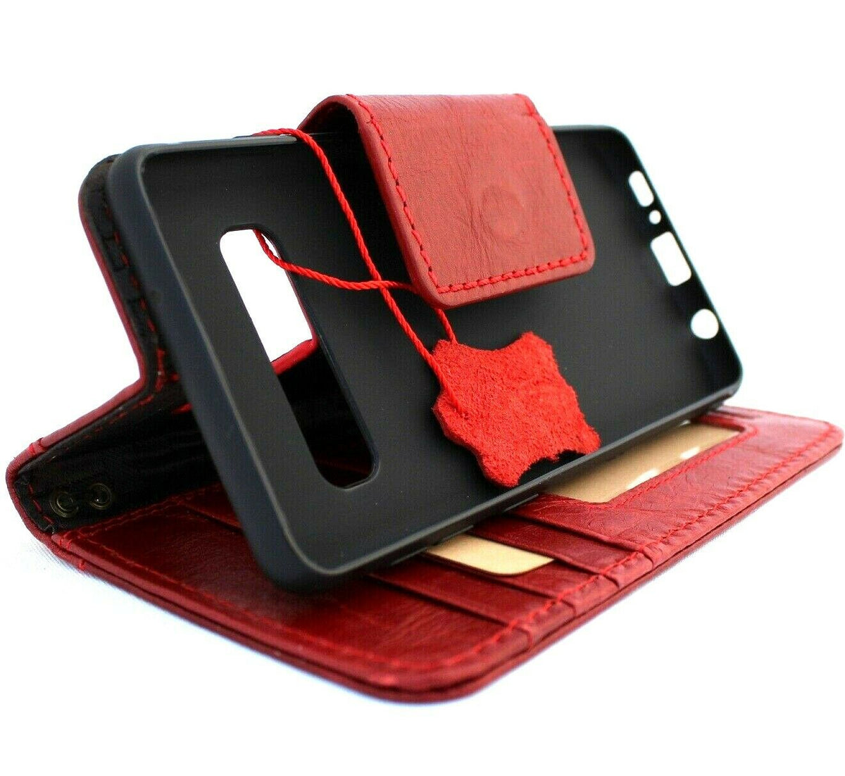 Red genuine leather Samsung Galaxy S10 wallet case by DAVISCASE with card slots, wireless charging holder, magnetic closure, slim design.