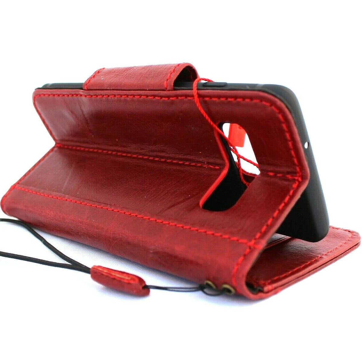 Red genuine leather Samsung Galaxy S10 wallet case with card slots, wireless charging holder, magnetic closure by DAVISCASE.
