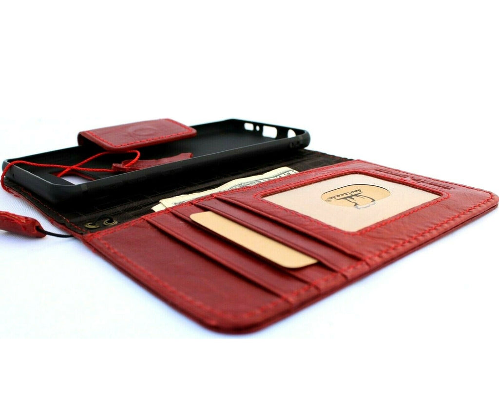 Red genuine leather Galaxy S10 wallet case by DAVISCASE with card slots, wireless charging holder, slim design, and magnetic closure.