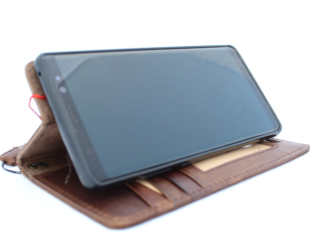 Genuine leather Samsung Galaxy Note 20 Ultra 5G wallet case with ID window, card slots, rubber stand, and wireless charging compatibility.
