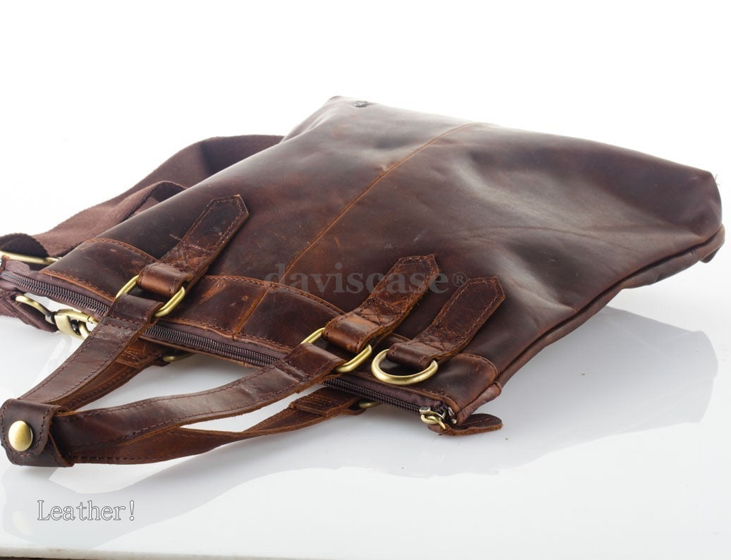 Men's vintage leather messenger bag by DAVISCASE, designed for iPad and laptops, with dark retro style and genuine leather material.