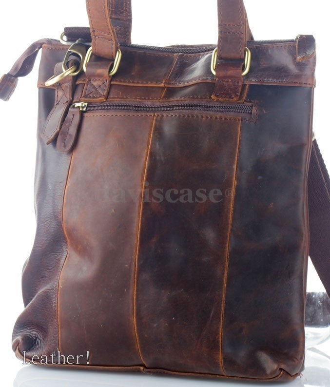 Men's vintage dark leather messenger bag by DAVISCASE, designed for iPad and laptop storage with a retro style.