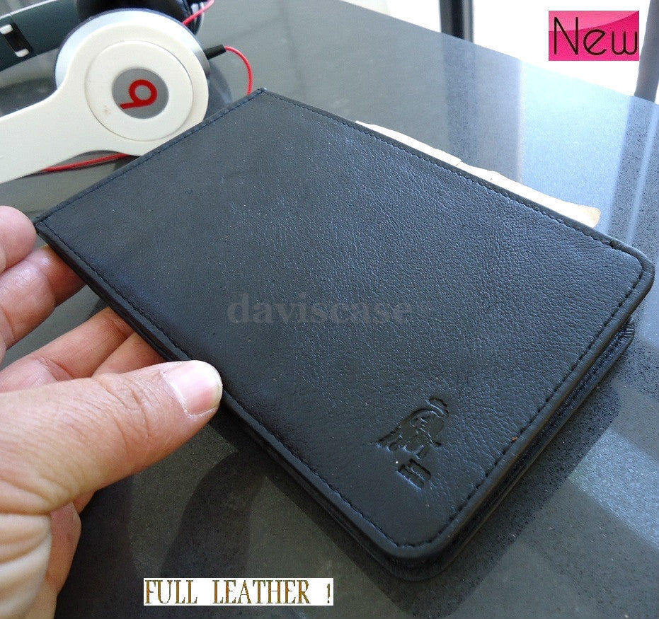 Black DAVISCASE genuine leather credit card holder wallet with 18 slots, slim design, suitable for men and women.
