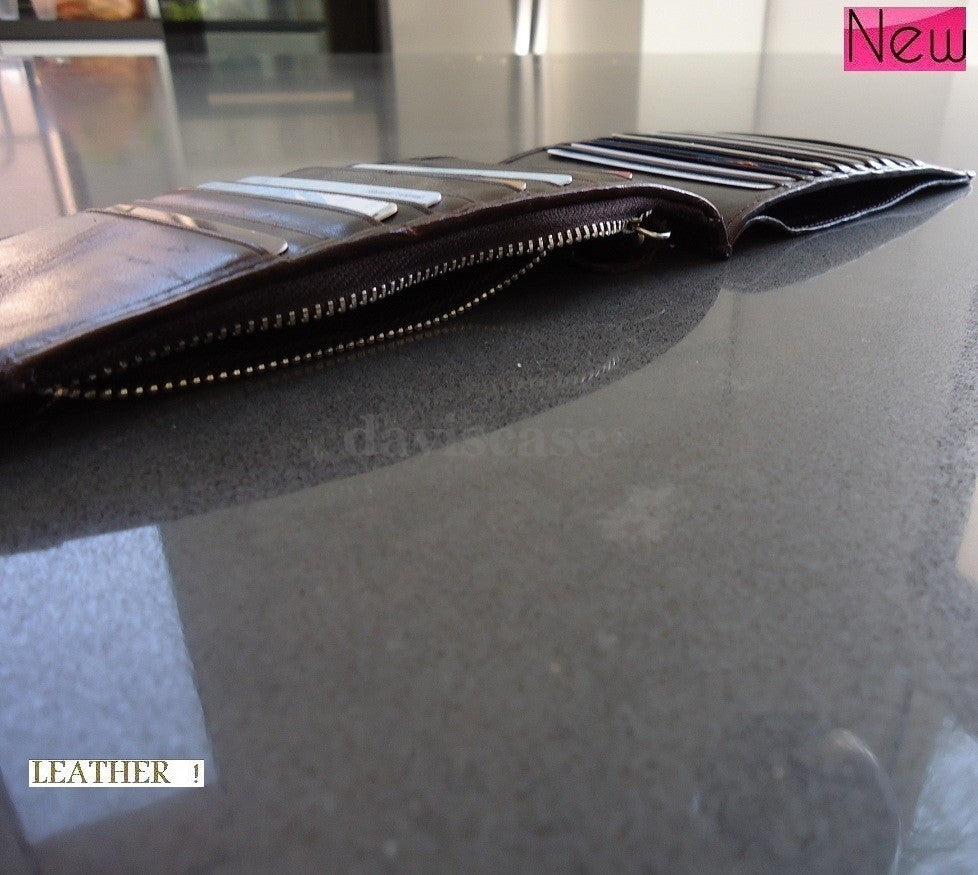 Dark brown genuine leather credit card wallet with 18 slots, slim handmade ID holder for men and women.