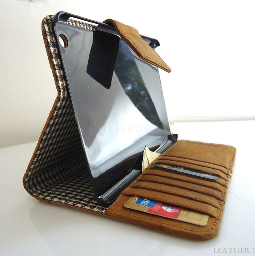 Brown genuine leather iPad case cover with stand and magnetic closure, designed for iPad 2 and 3 from DavisCase.