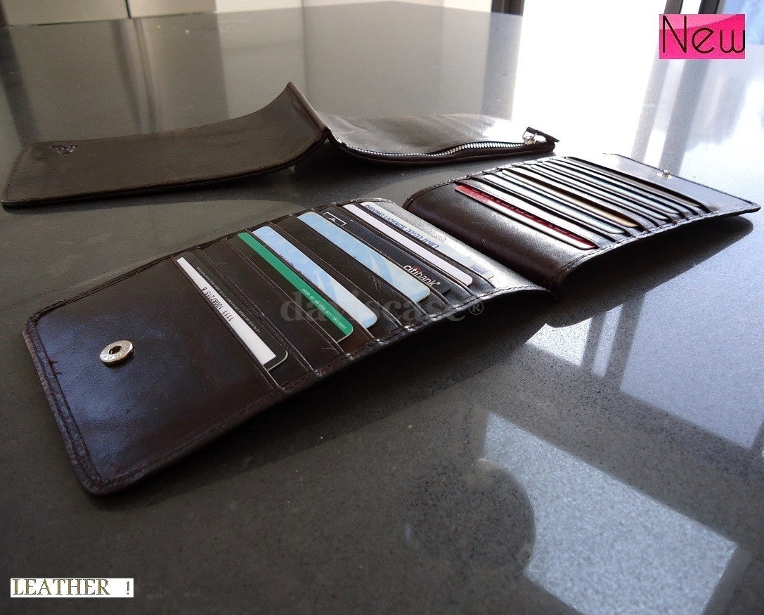 Dark brown genuine leather credit card holder wallet with 18 card slots, handmade, slim design for men and women.