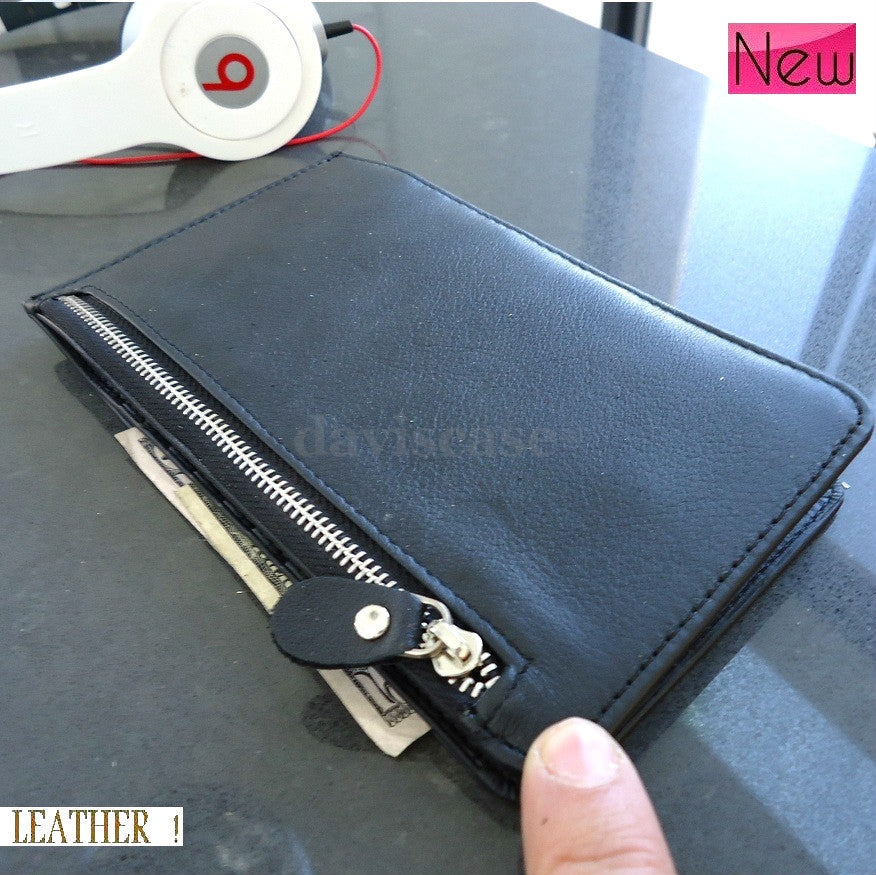 Black DAVISCASE genuine leather credit card wallet with 18 slots, slim handmade design for men and women.