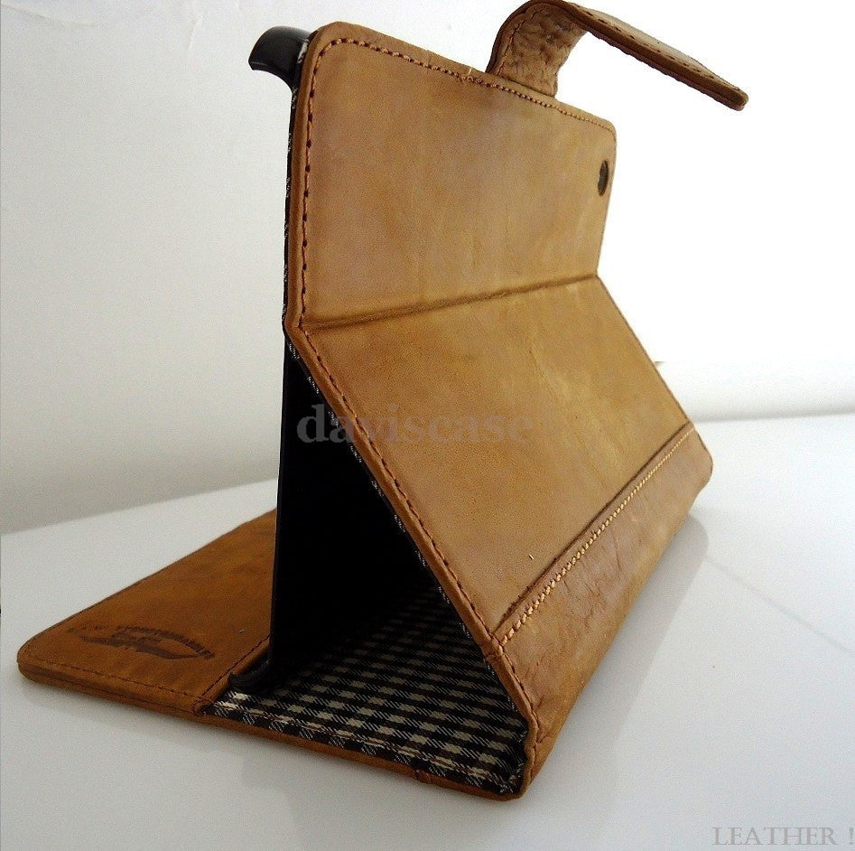 Brown genuine leather iPad mini 2/3 case cover with handbag design, Apple stand magnet, suitable for vendor-unknown iPad models.