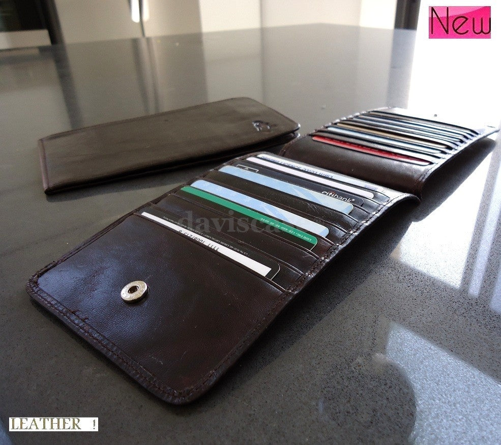 Dark brown genuine leather credit card wallet with 18 card slots, slim design, handmade for men and women.