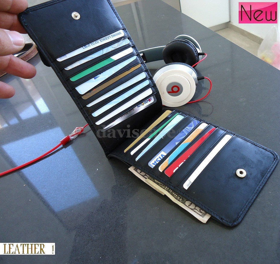Black genuine leather credit card holder wallet with 18 slots, handmade by DAVISCASE, slim design for men and women.
