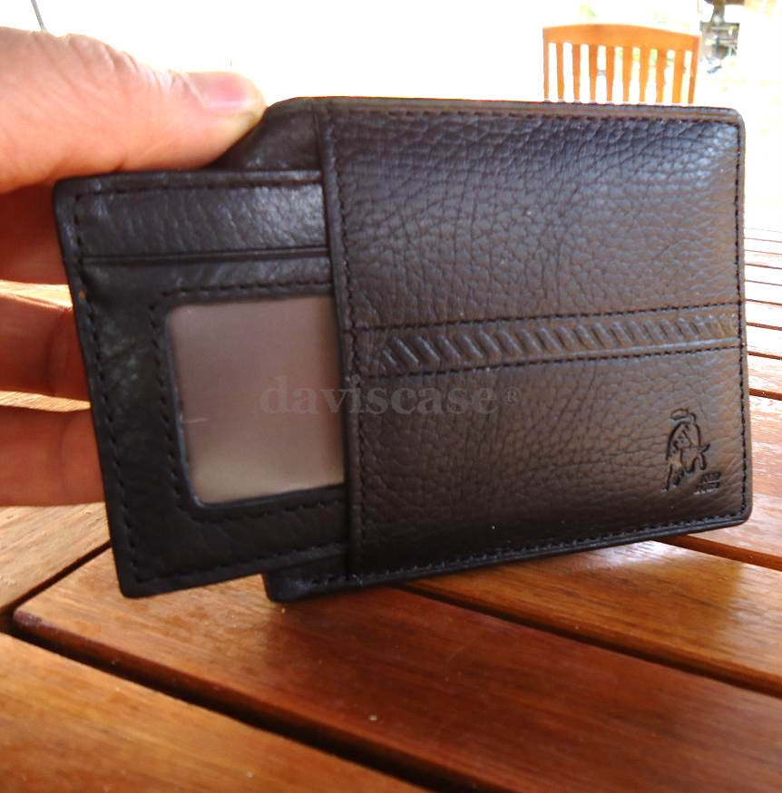 Black genuine leather men's bifold wallet with ID window and removable card holder, designed by Vendor-Unknown.