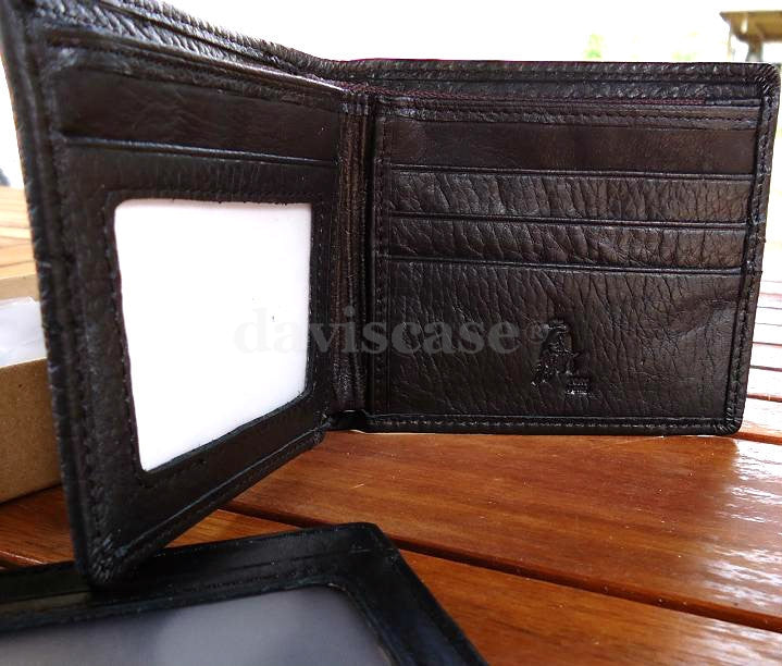 Black genuine leather men's bifold wallet with removable ID case and credit card slots, designed for durability and style.