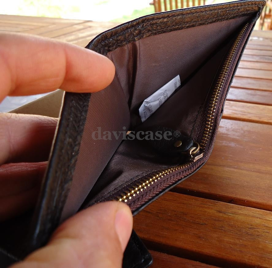 Black genuine leather men's bifold wallet with removable ID case and multiple credit card slots.