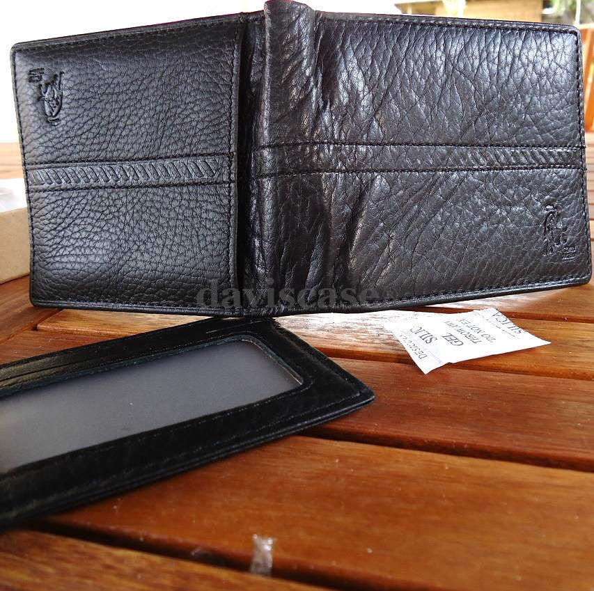 Black genuine leather men's bifold wallet with removable ID case and credit card slots, designed for durability and style.