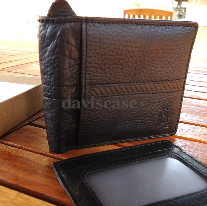 Black genuine leather men's bifold wallet with removable ID holder and credit card slots, designed for durability and style.