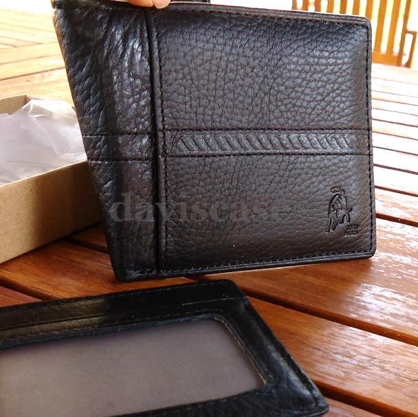 Black genuine leather men's bifold wallet with removable ID case and credit card slots, crafted for durability and style.