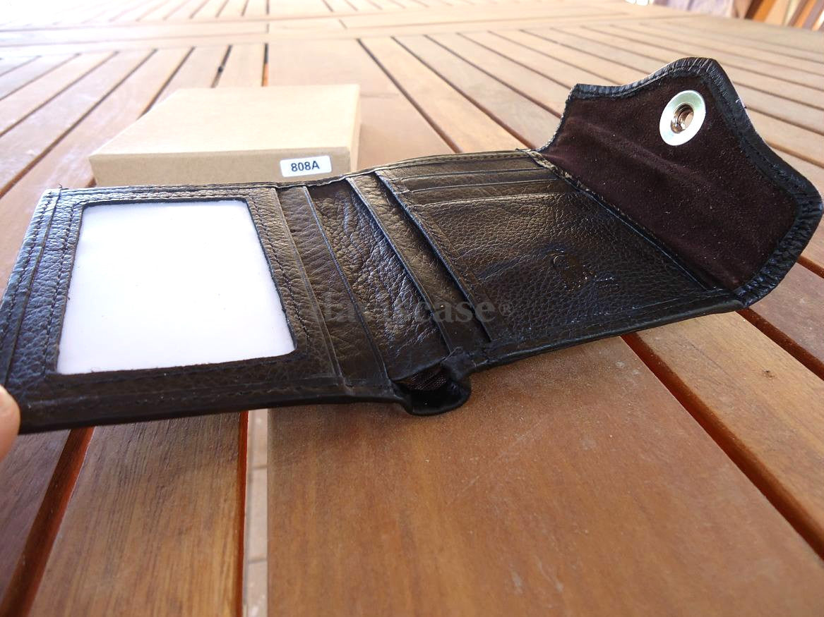 Men's black genuine leather money clip and check wallet by DAVISCASE, slim trifold clutch with a sleek design and compact fit.