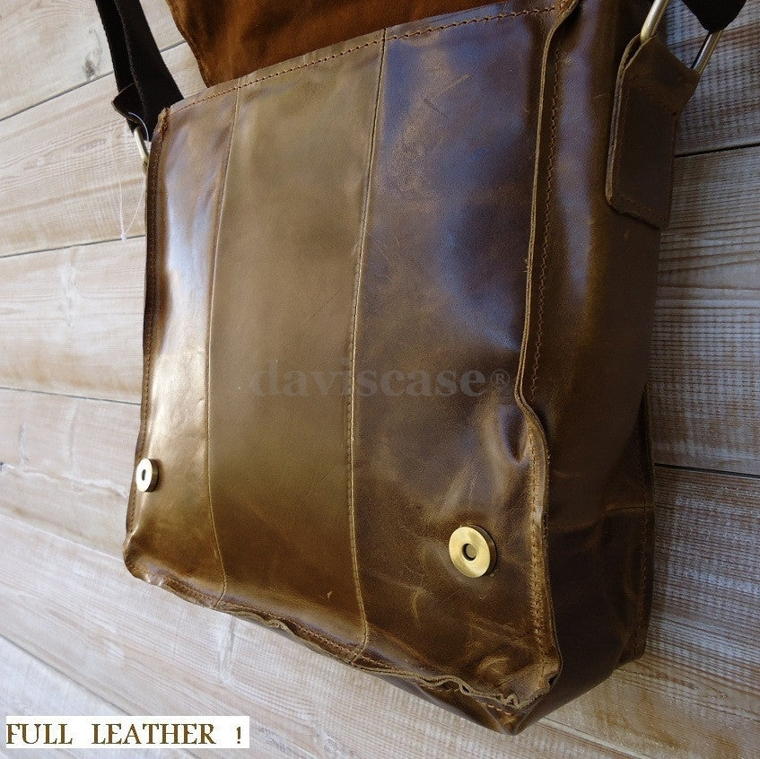 Mens genuine leather messenger bag with vintage style, suitable for iPad and ebooks, featuring a classic design and sturdy strap.