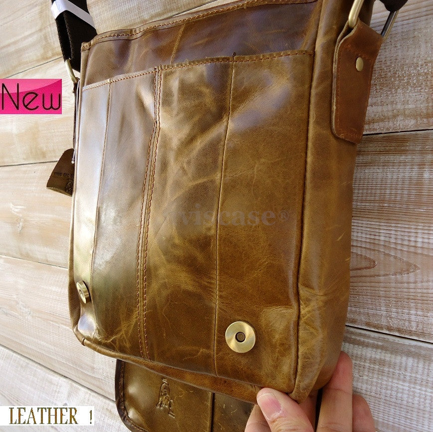 Genuine natural leather men's retro shoulder crossbody messenger bag with adjustable strap, in classic brown color.