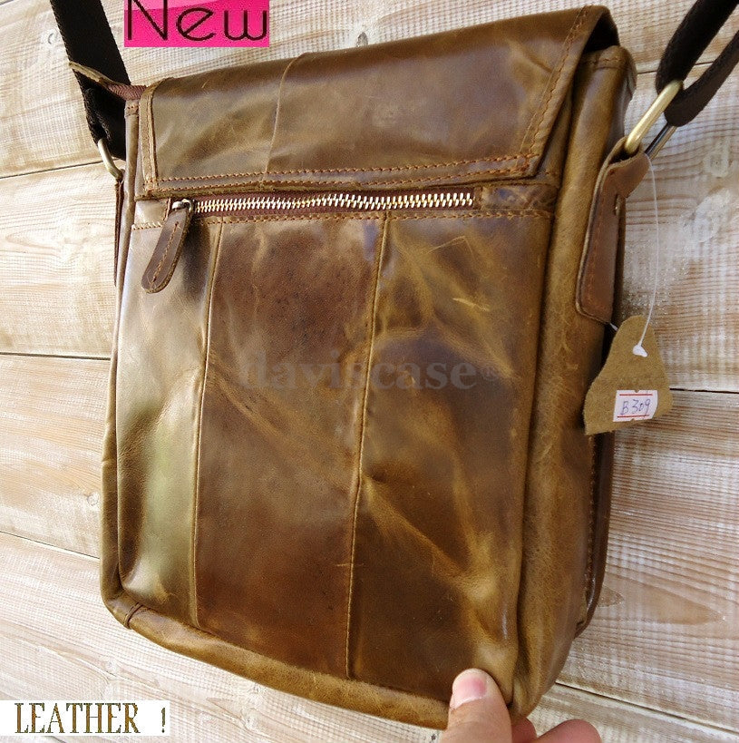 Genuine natural leather men's retro shoulder crossbody messenger bag with multiple size options and classic design.