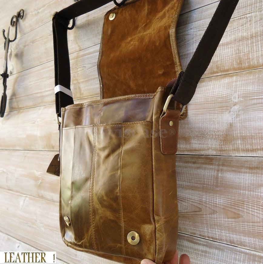 Genuine natural leather men's retro shoulder crossbody messenger bag with multiple size options and vintage style.