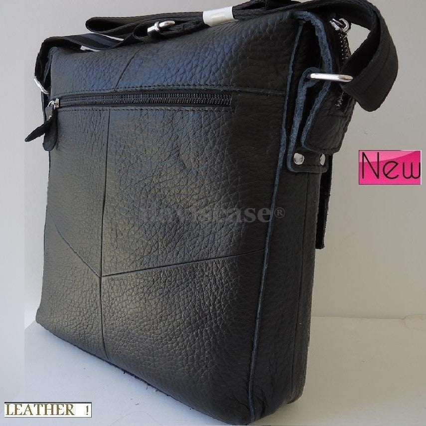 Men's black genuine full leather shoulder bag by DAVISCASE, rugged vintage crossbody handbag with a stylish, sturdy design.